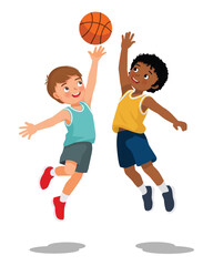 Two little kids playing basketball game together on white background
