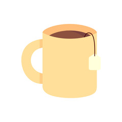 Beige mug with teabag. Drink, beverage, relax, lifestyle concepts. Flat vector design isolated illustration.