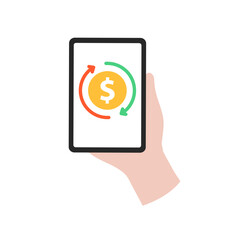 Hand holding phone screen with money transfer icon. Business, financial, online banking, exchange service, technology, transaction concepts. Flat vector design isolated illustration.