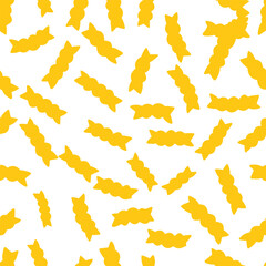 A vibrant yellow pattern of crinkle cut fries scattered across a clean white background creates a playful and appetizing visual effect for food related designs and concepts