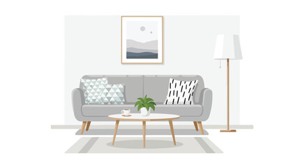 Minimalist interior design with a gray sofa, stylish pillows, and a calming artwork creating a cozy and aesthetically pleasing living space