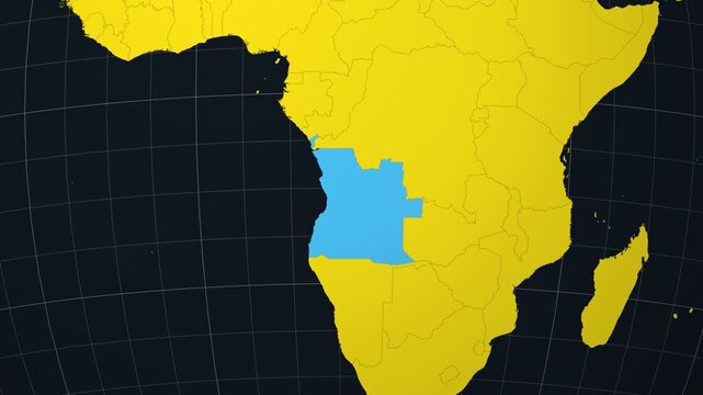 Angola map. Animated zoom into the country on the Globe in Charcoal Bright Yellow color palette. Country logo animation. Map with meridians, parallels. Authentic video.