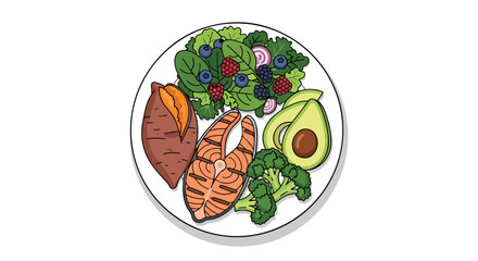 Vibrant illustration showcasing a plate of nutritious foods for a healthy diet plan concept idea illustration