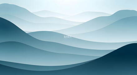 This abstract image features layered, undulating hills rendered in soft shades of blue. The smooth, gradient-like forms create a sense of depth and serenity, with each layer 