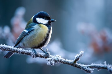 Fototapeta premium Colorful bird perched on a frosty branch, showcasing vibrant plumage against a blurred winter background, capturing the essence of nature's beauty and tranquility