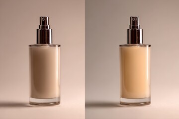 Naklejka premium Two glass bottles of foundation with different shades, showcasing the texture and color variations, ideal for beauty and cosmetic product displays with copy space
