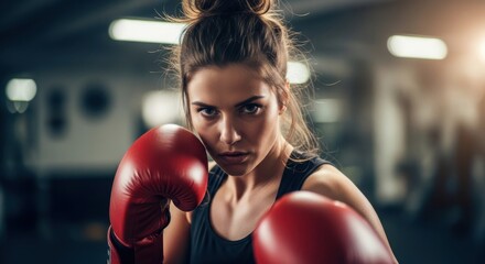 Focused female boxer training in gym wearing red gloves and preparing for a match during evening hours