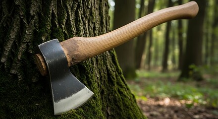 Axe Embedded in Moss Covered Tree in Forest Environment Wood Cutting Tool and Forestry Theme Closeup Outdoor Lumberjack Equipment