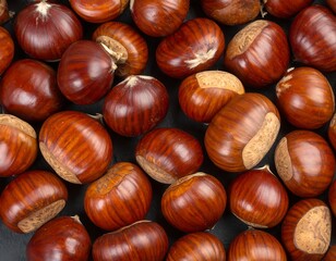 Obraz premium Close-up overhead shot of multiple brown, shiny shelled nuts scattered