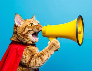 Funny Orange Tabby Cat in Red Cape Shouting into Yellow Megaphone