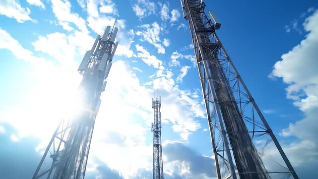 Multiple towering telecommunication masts reaching into a bright blue sky with scattered white clouds, low angle