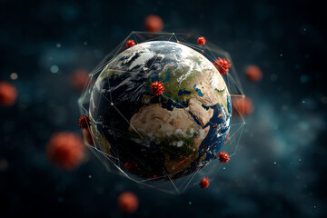 3D illustration of Earth with red virus particles surrounding it, symbolizing a global pandemic.