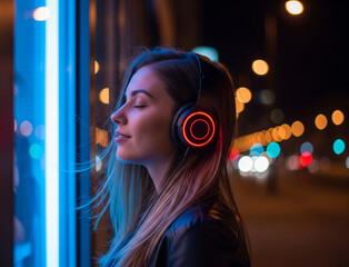 A woman with headphones is immersed in music against the backdrop of a city's nightlife.