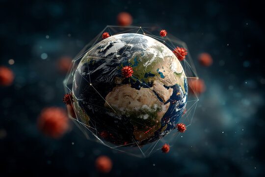3D illustration of Earth with red virus particles surrounding it, symbolizing a global pandemic.