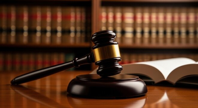 Wooden gavel rests on a sound block beside an open book in a warm law office setting during the day