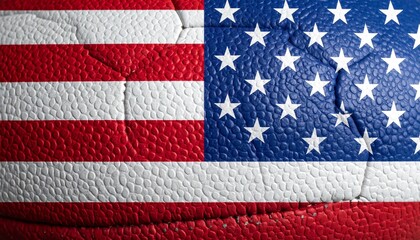 Close-up of American flag with basketball-like texture, combining national symbolism and sports identity.