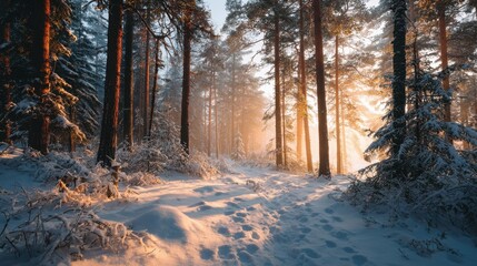 Fototapeta premium Snow-covered forest landscape with tall trees illuminated by warm sunlight, creating a serene atmosphere and inviting path through the winter wonderland