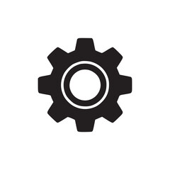 A simple graphic of a dark gray gear with a white circle in the center on a white background space
