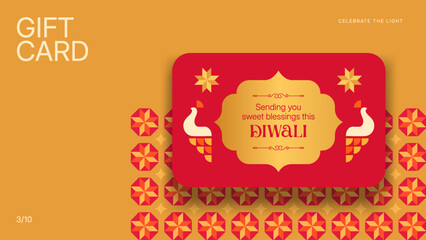 Happy Diwali Gift Card Template - Orange and Red Indian Festival Design with Lanterns and Patterns