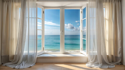 Seaside Serenity: Open Window Overlooking Tranquil Ocean View, Light Airy Curtains, and Bright Sunny Sky, Capturing Coastal Beauty and Relaxation
