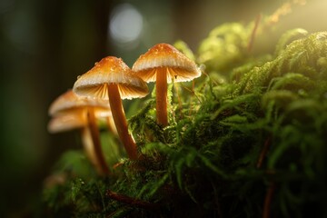 Fototapeta premium Vibrant mushrooms with orange caps emerge from lush green moss, illuminated by soft sunlight filtering through trees, creating a serene forest atmosphere