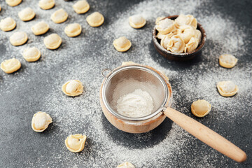 Fresh uncooked cappelletti sprinkled with flour on black stone background