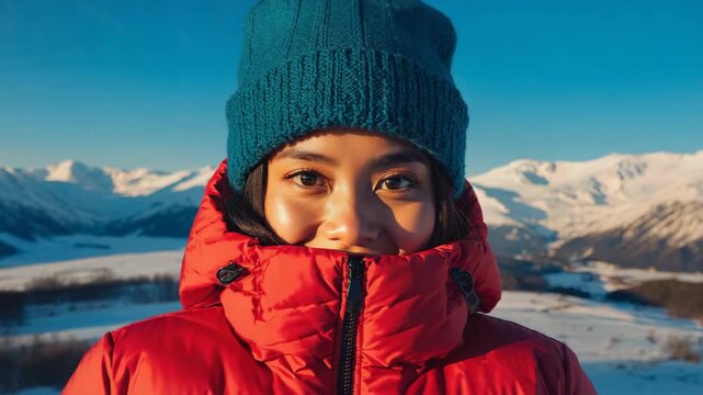 A person wearing winter apparel standing in front of snow-covered mountain, winter vacation. The person is bundled up in a red jacket and blue hat, with mountains and snow in the background