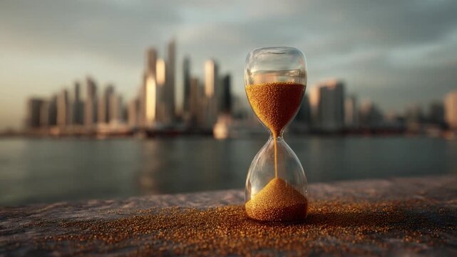 Timeless Cityscape: Capturing the essence of passing time with a stunning hourglass against a backdrop of a modern city skyline, a metaphor for time's relentless flow.