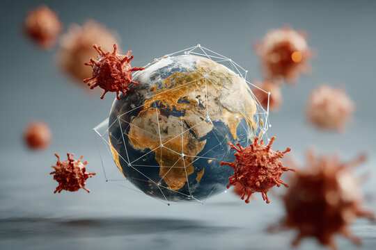 3D Earth surrounded and attacked by virus particles with connected nodes representing a global pandemic network.
