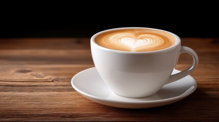 Fototapeta premium Freshly Brewed Coffee with Heart Latte Art on Wooden Table Background in Cozy Café Setting