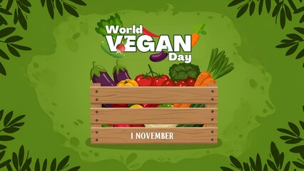 World vegan day celebration with fresh vegetables in a wooden crate on a green background