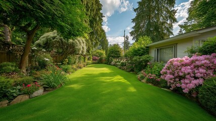 Obraz premium Gorgeous private backyard landscaping including a lively garden and a lush, green lawn