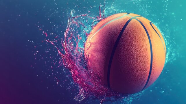 Basketball splashing through liquid in studio, energetic mood