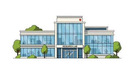 Stylized vector illustration of a modern research laboratory building with glass facade and green landscaping that conveys cutting edge science and
