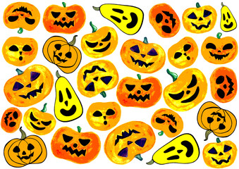 Set of Jack o lantern pumpkins. Stylized illustration. Randomly placed on white background. Different shapes with different faces. Orange, yellow, black, purple colors. Watercolors, computer graphics.