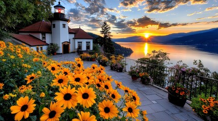 Sunset over scenic lighthouse with vibrant sunflowers columbia river gorge nature photography serene landscape panoramic view