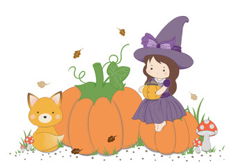 Halloween witch with pumpkin and fox