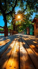 Obraz premium Scenic sunrise walkway lakeside cabin area photography natural environment low angle tranquil landscapes