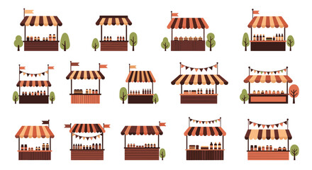 A collection of colorful market stalls selling various goods outdoors.