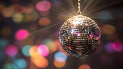 Fototapeta premium Shiny disco ball hanging with blurred colorful bokeh background and bright rays. Concept for nightclub ambiance, retro party and festive celebration