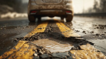 Close-up of a road damaged by a large pothole filled with muddy water, car in the background. Concept for infrastructure problems, road safety and city maintenance issues