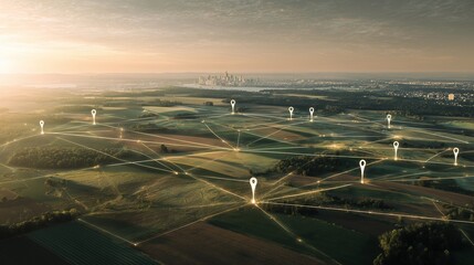 Aerial view of a green landscape with illuminated network and location pin markers connecting several points, concept for logistics management, digital connectivity and global positioning system