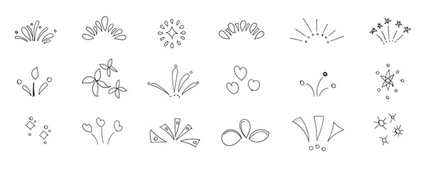 Hand drawn doodle elements isolated on white background set of sketch style vector illustration of fireworks, stars, hearts, flowers and other decorative elements