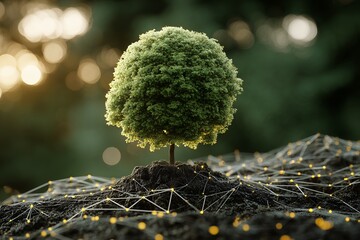A small tree growing on soil with interconnected network lines and bokeh background, concept for environmental technology, sustainable growth and digital connectivity