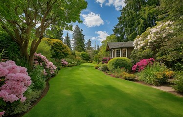 Fototapeta premium Gorgeous private backyard landscaping including a lively garden and a lush, green lawn