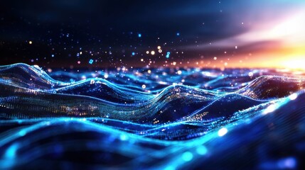 Abstract digital wave with glowing particles at sunrise
