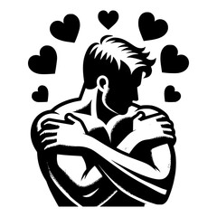 Man hugging himself with black hearts on background. Self love and self care. Black vector icon with transparent background 