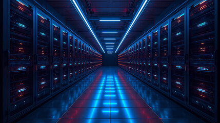 Futuristic server room with glowing neon lights and data storage units showing high tech infrastructure