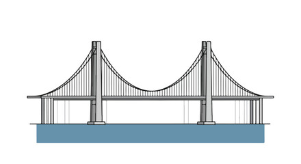 Fototapeta premium Graphical representation of a suspension bridge with tower elements and cable design spanning across a water body