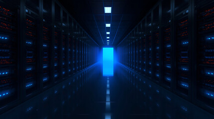 Modern server room with rows of computer racks and blue neon light highlighting data center infrastructure